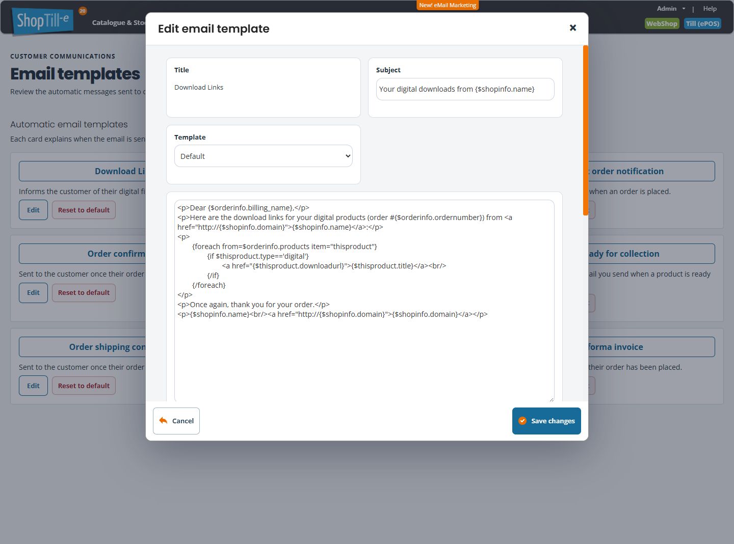 Email template editor showing Download Links title, Subject, Template choice, message text, Cancel and Save changes
