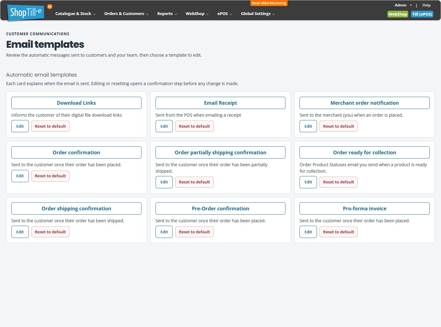 Current Email templates page showing all nine message cards with Edit and Reset to default actions