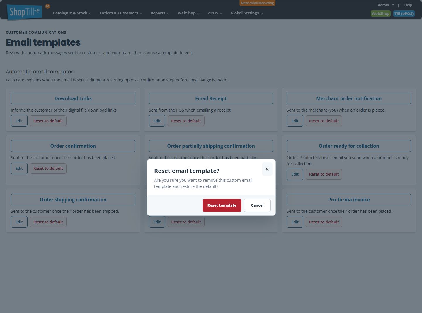 Reset email template confirmation with Reset template and Cancel choices