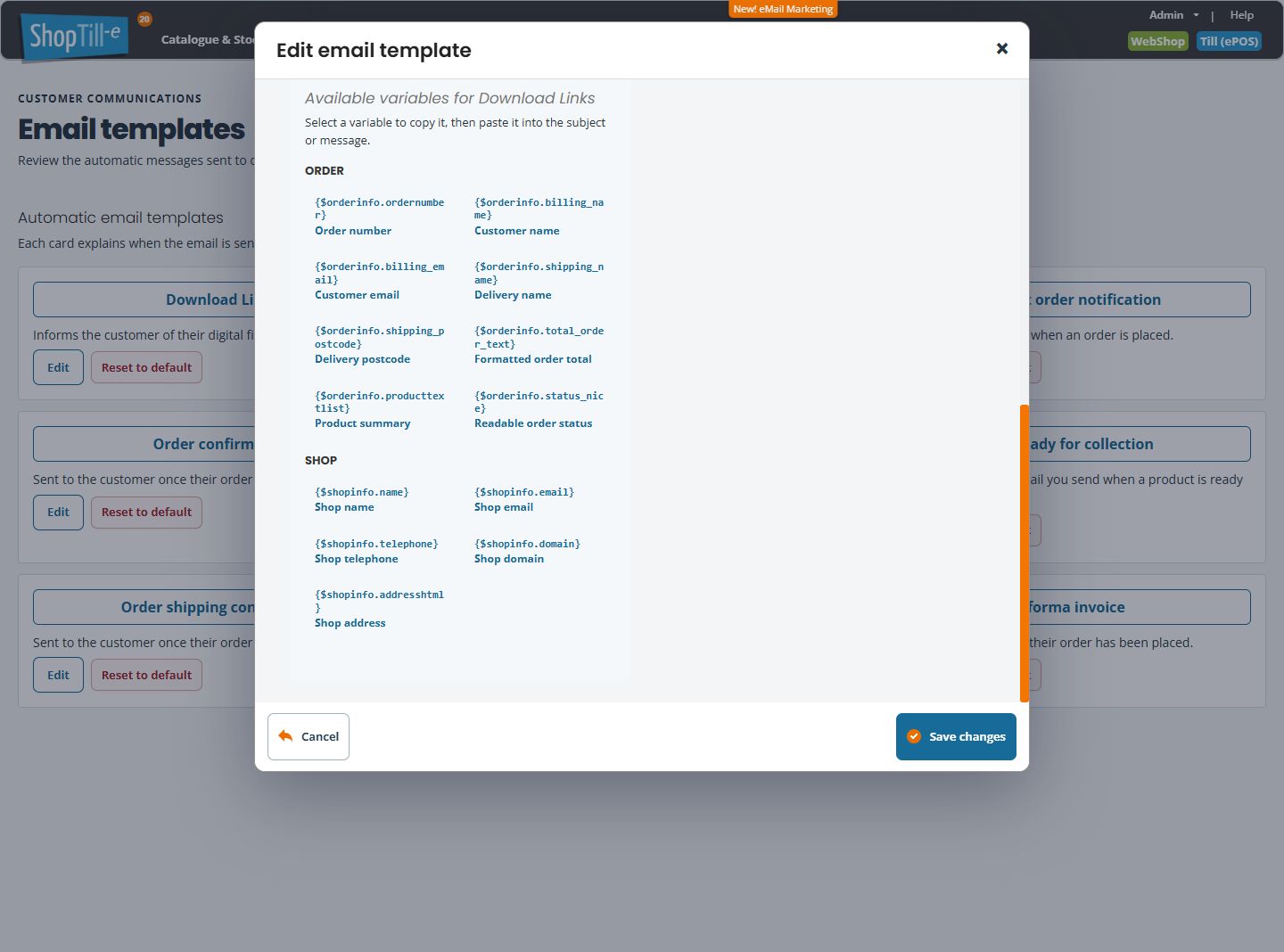 Available variables section beneath the email message showing copy instructions and example Order fields
