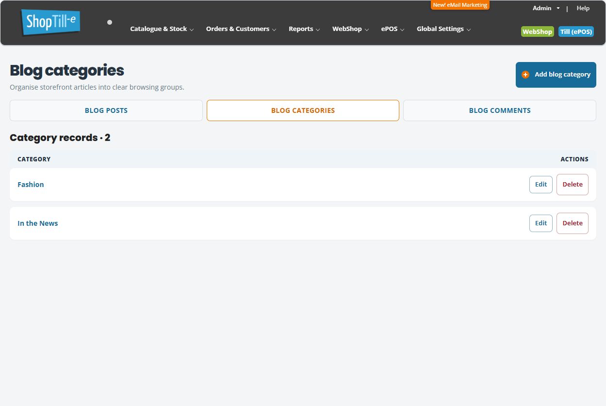 Blog categories page showing Add blog category and Fashion and In the News records with Edit and Delete actions