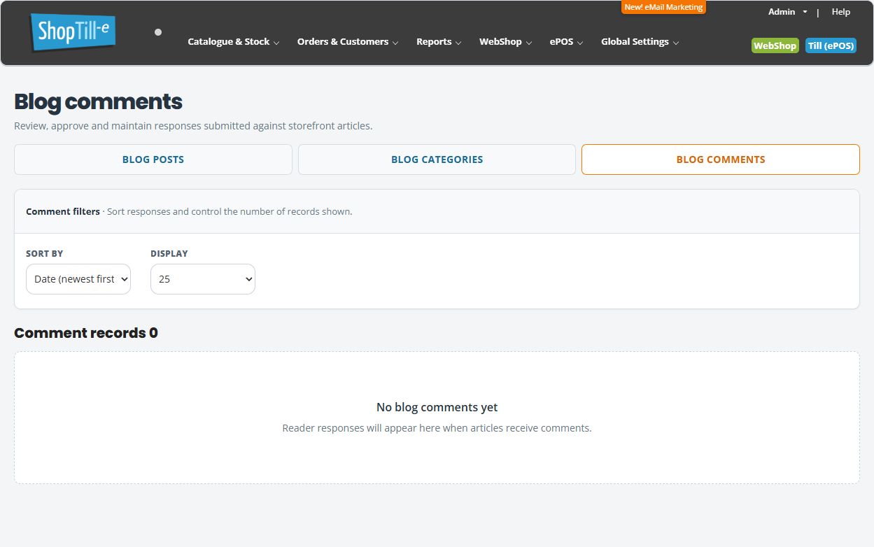 Blog comments page showing Sort by, Display and No blog comments yet