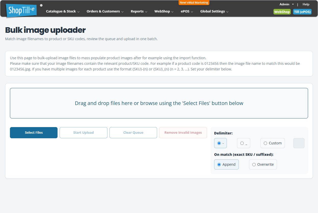 Bulk image uploader with an empty drop area, Select Files, disabled queue actions, hyphen delimiter and Append selected