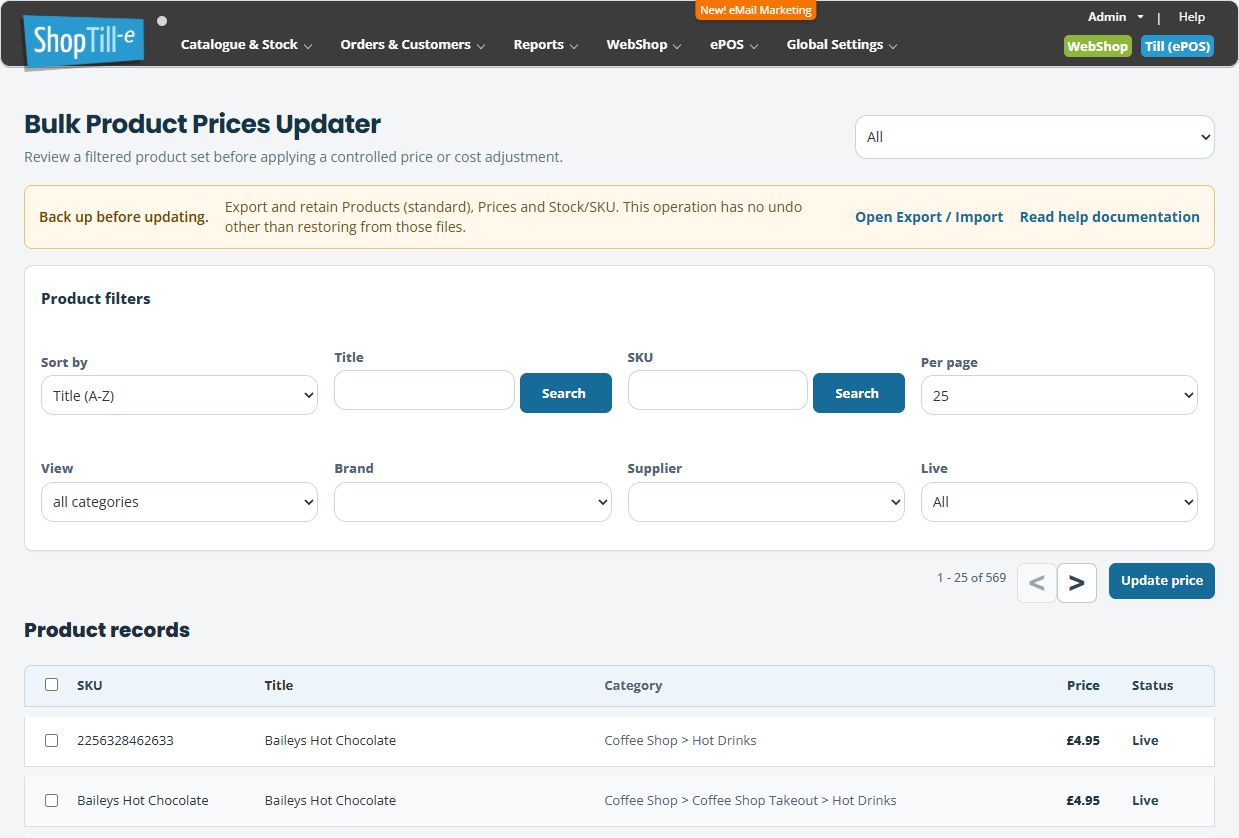 Bulk Product Prices Updater showing the backup notice, location selector, product filters, result count, row checkboxes and Update price button