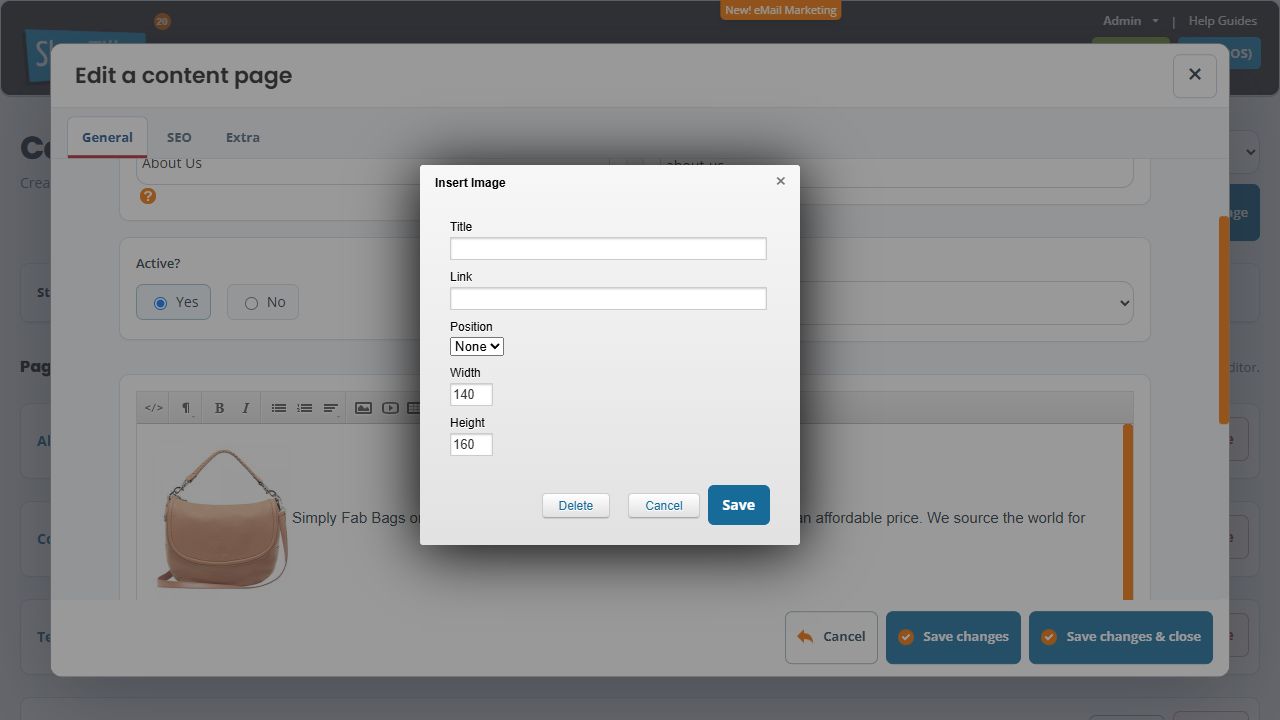 Content-image properties showing Title, Link, Position, Width, Height and its own Save, Cancel and Delete controls