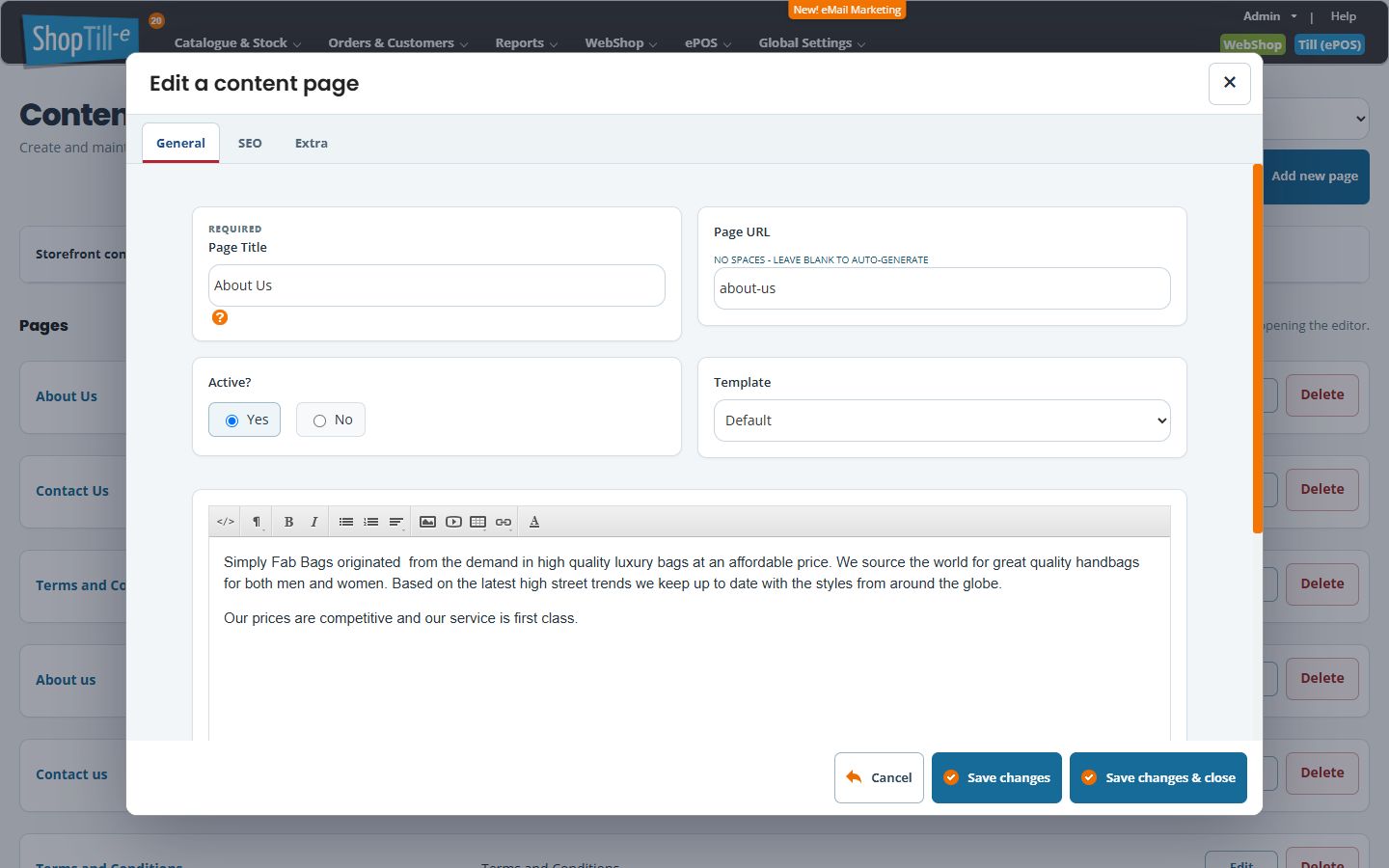 Content page editor showing the rich-text toolbar below page title, URL, Active and Template fields
