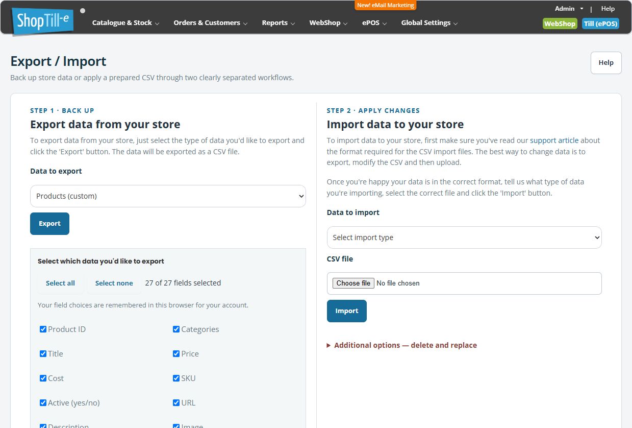 Products custom selected with field checkboxes, Select all, Select none and selected-field count