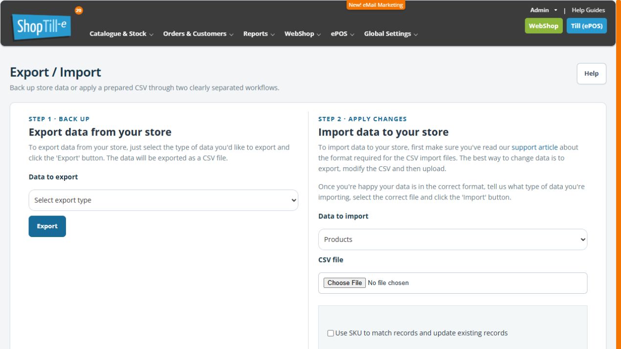 Products selected in Export Import, with Use SKU to match records unchecked and Automatically create missing categories checked; no CSV file chosen