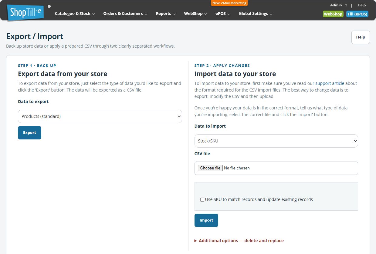 Stock/SKU import selected with Use SKU to match records and update existing records unchecked, and no CSV file chosen