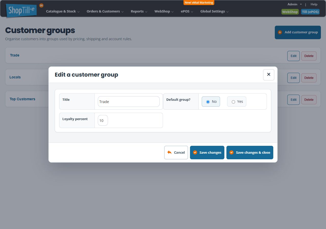 Trade group settings showing separate Title, Default group No and Loyalty percent 10 fields