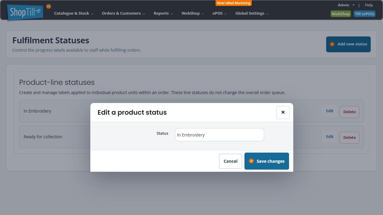 Edit a product status dialog with Status In Embroidery, Cancel and Save changes