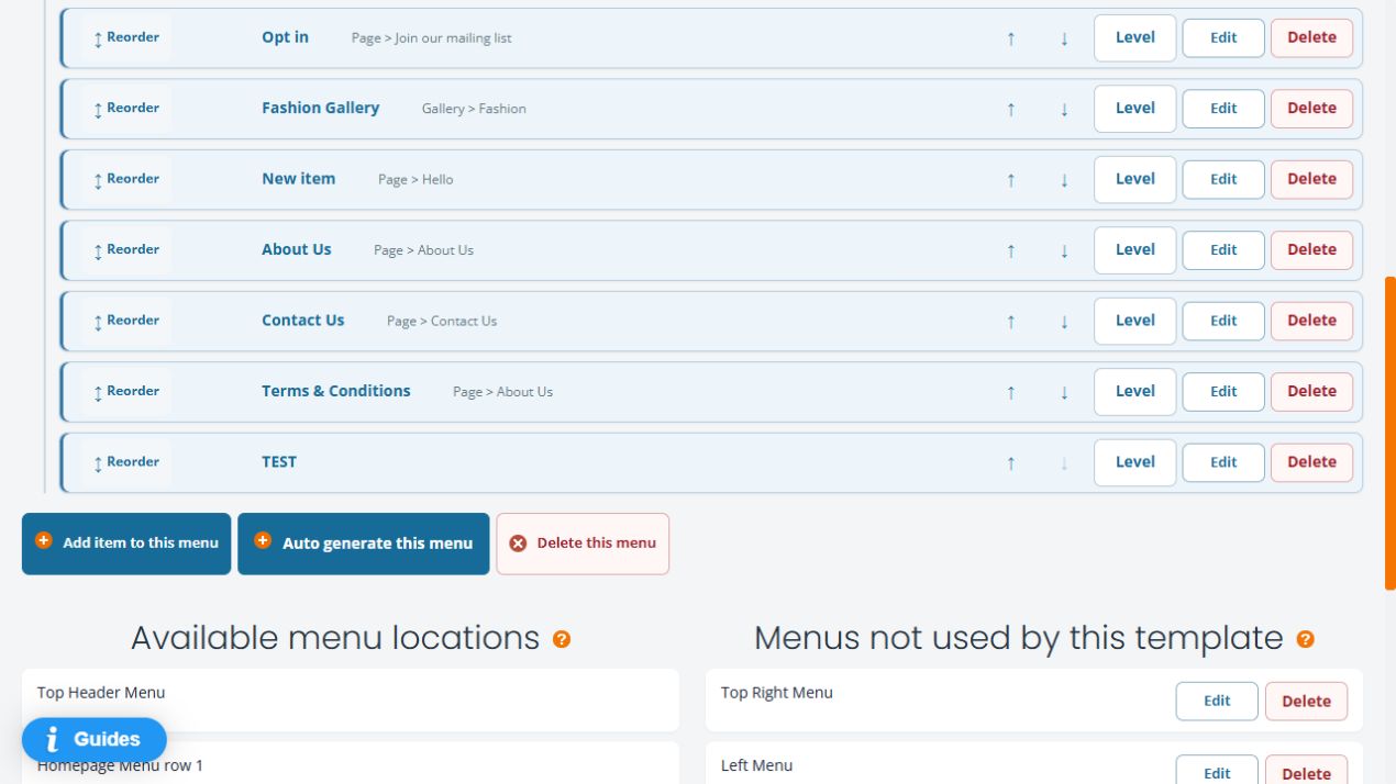 Footer menu list with Terms and Conditions labelled Page to About Us, alongside Edit and Level controls