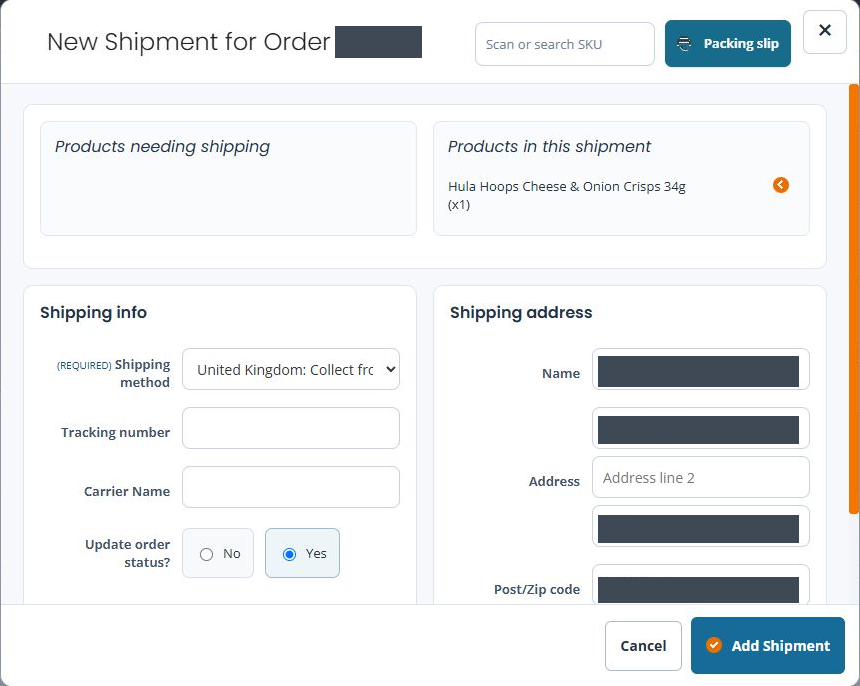 New Shipment form for a fictional demo order, with one product selected, shipping information, address fields, Cancel and Add Shipment