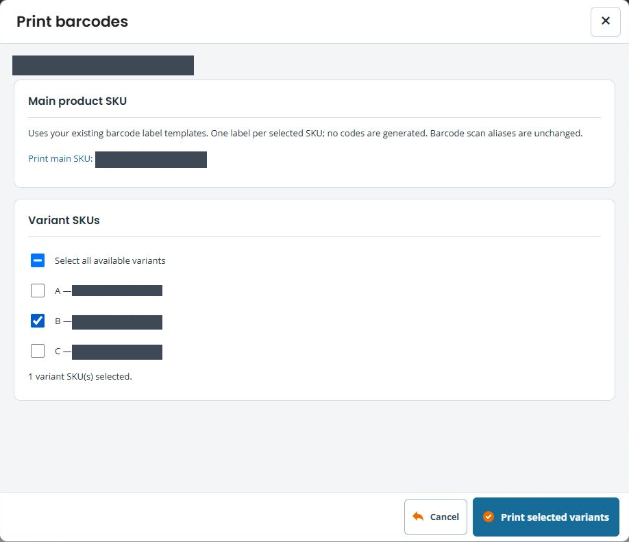 Barcode chooser with only size B selected, a partial Select all box, count one and enabled Print selected variants
