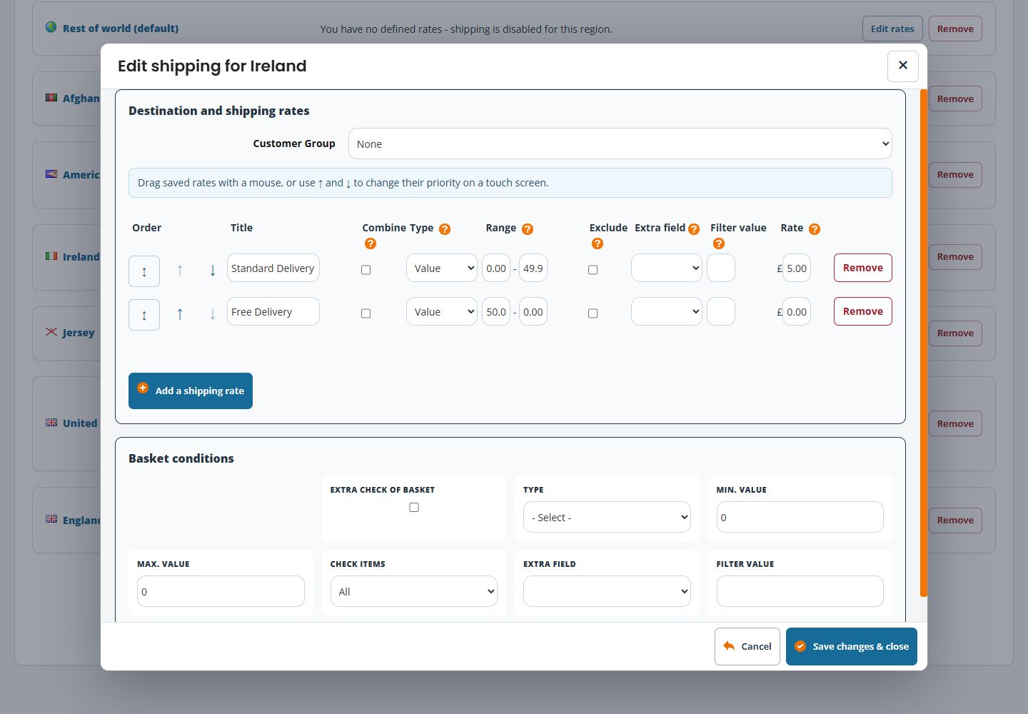 Ireland shipping editor with two value bands, per-rate filters, priority arrows and separate basket conditions