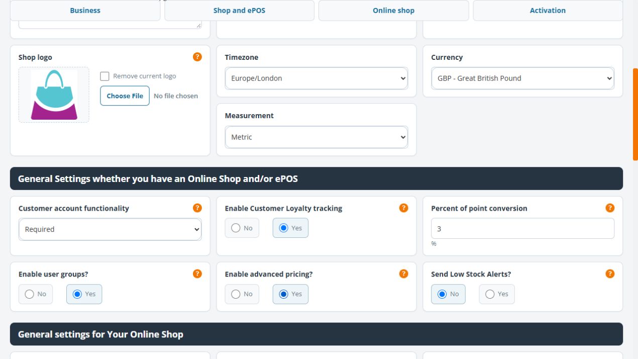 Business settings showing the Shop logo preview, Remove current logo checkbox and Choose file control