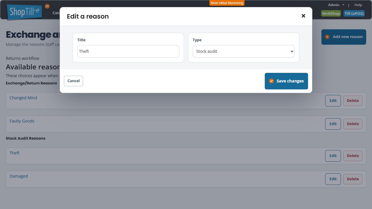 Edit a reason dialog showing Title Theft and Type Stock audit with Cancel and Save changes