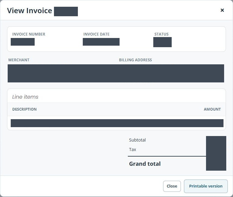 Existing demo subscription invoice showing number, date, Paid status, billing details, line items, totals, Close and Printable version
