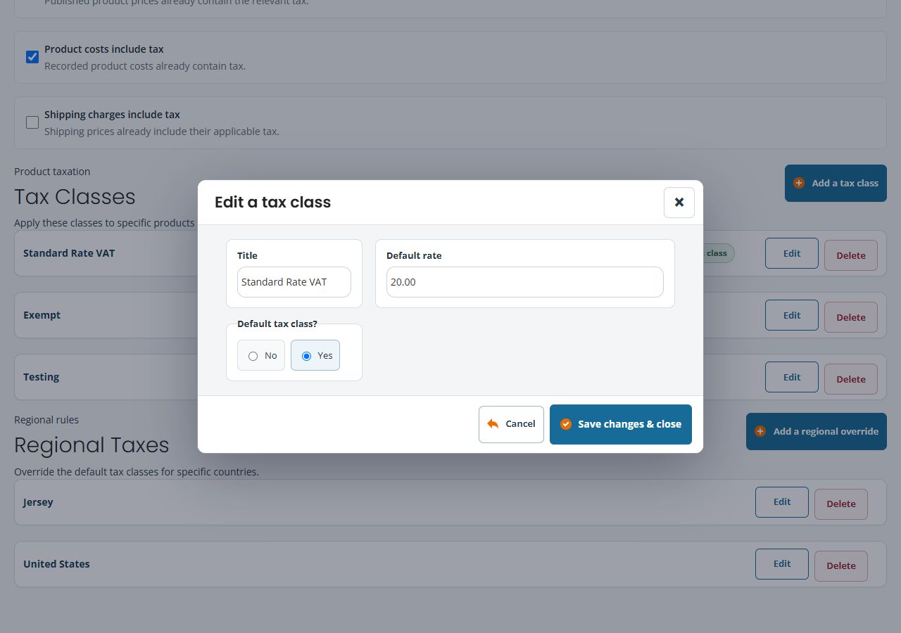 Edit a tax class with Title, Default rate and separate Default tax class Yes or No