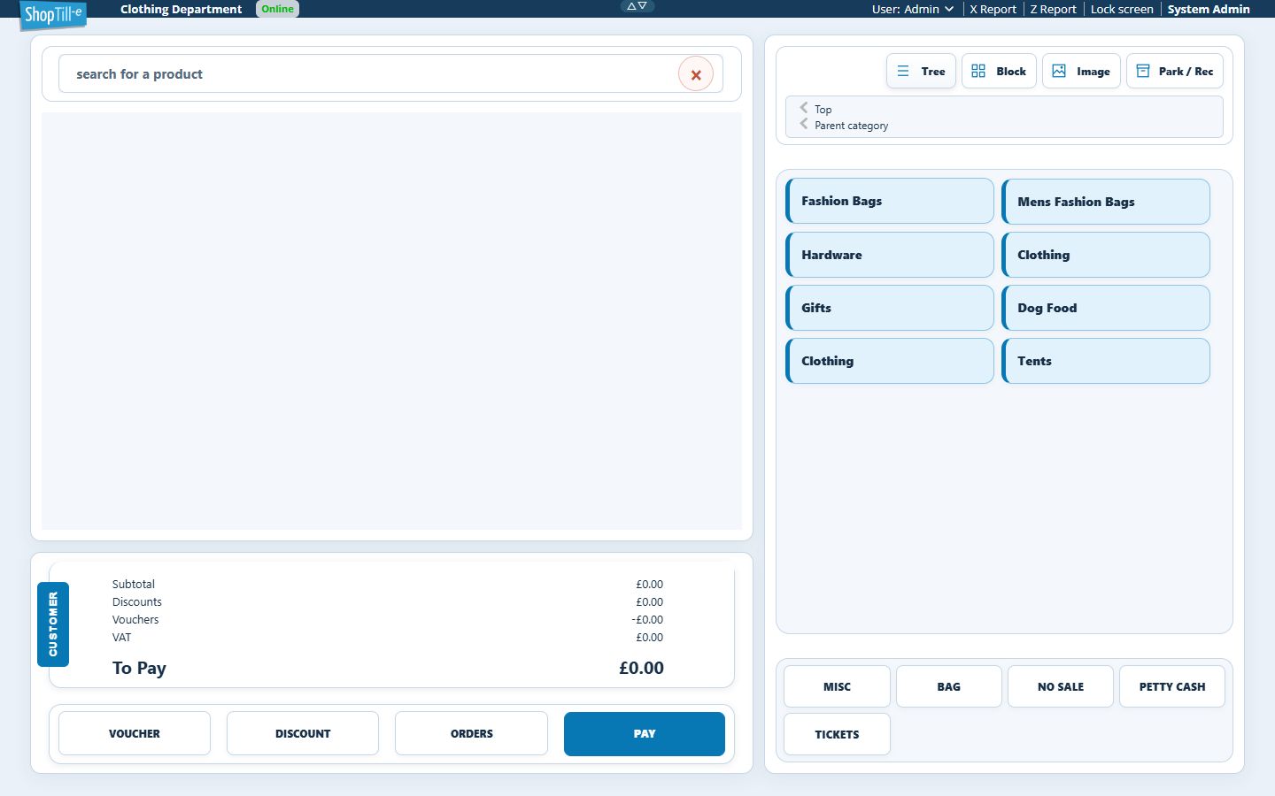 Empty desktop till with identity and user in the header, X Report, Z Report, Lock screen and System Admin links
