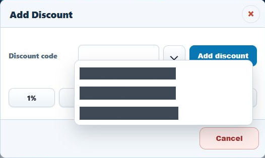 Compact till Add Discount picker showing code and offer-name entries for 5off, zero and DishDisc