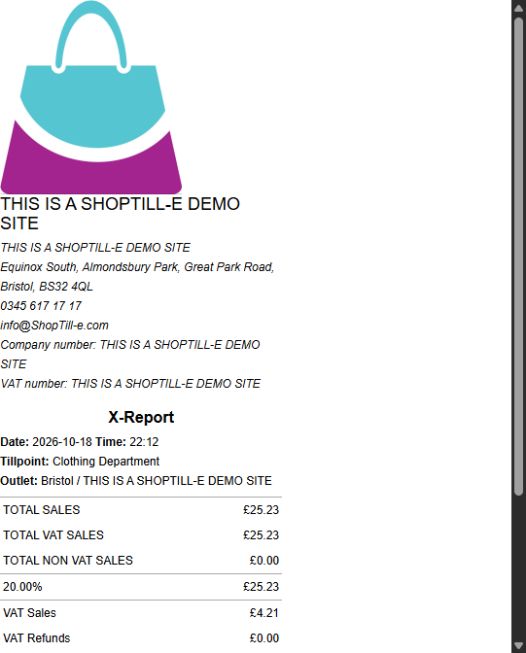 Upper part of a demonstration X-Report showing its date, Clothing Department till point, Bristol outlet and sales and VAT rows