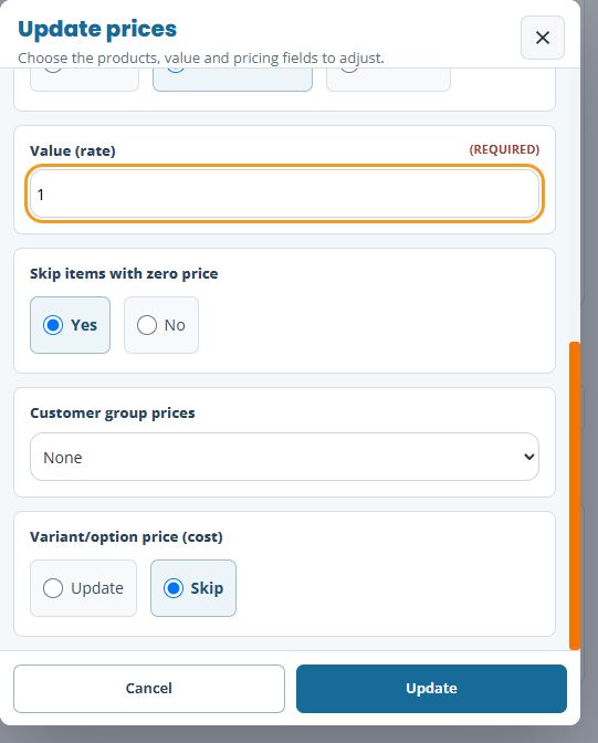 Lower part of the same Update prices dialog with Value1, skip-zeroYes, customer-groupNone and variant-optionSkip
