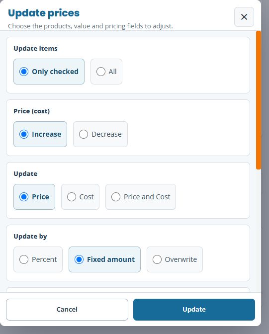 Upper part of the compact Update prices dialog with Only checked, Increase, Price and Fixed amount selected