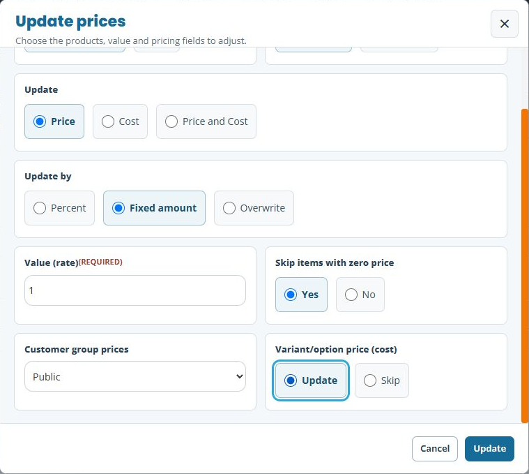 Bulk price dialog showing Price, Fixed amount1, Public customer group and Variant-option Update