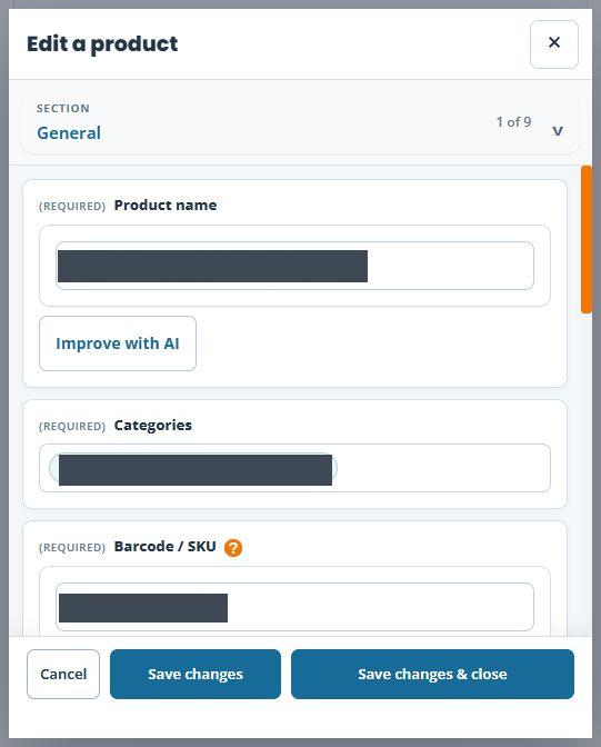 Saved copied product reopened in the compact editor, with product name, category and SKU concealed