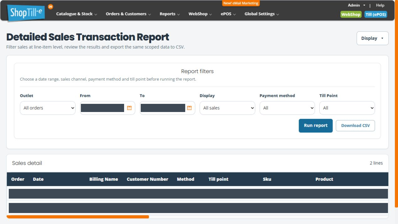 Detailed Sales report displaying two product-line rows with record details concealed