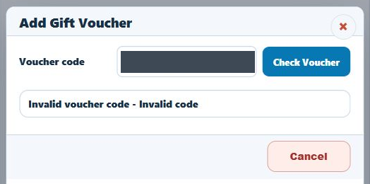 Add Gift Voucher checker displaying Invalid voucher code - Invalid code for a fictional QA code