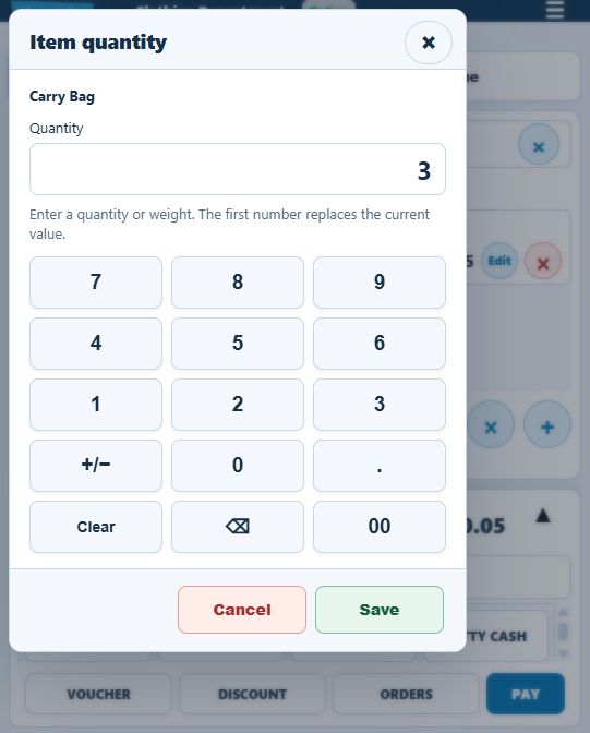 Item quantity keypad naming Carry Bag with proposed quantity3 and Cancel and Save buttons
