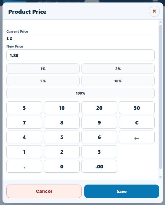 Product Price dialog with Current Price £2 and proposed New Price1.80 after selecting10percent