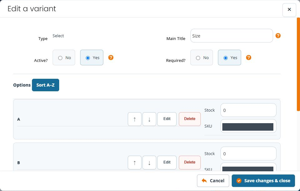 Reopened Size variant editor with assigned option SKU fields concealed and zero displayed stock