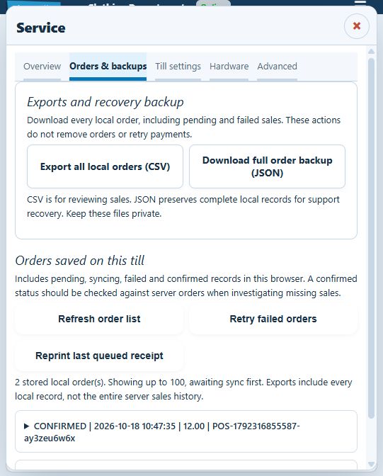 Compact Service Orders and backups panel showing CSV and JSON backup controls and a confirmed demonstration local order