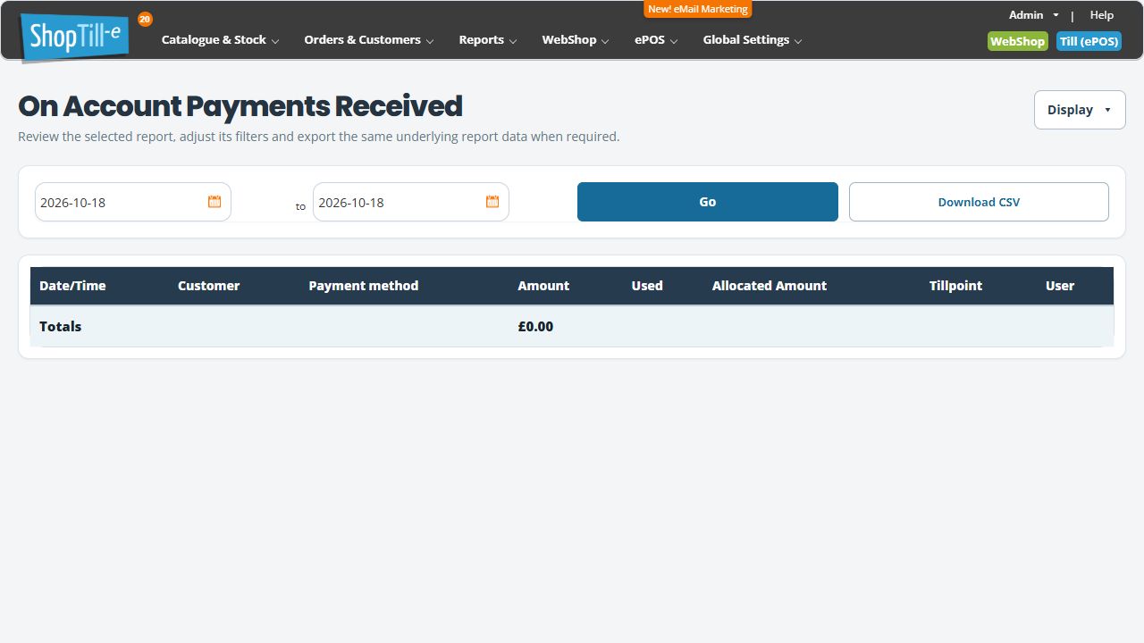 On Account Payments Received report with date filters, Go, Download CSV and an empty result for one day