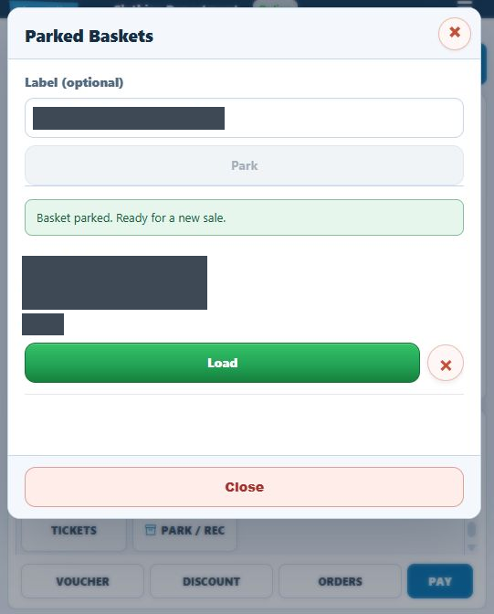 Labelled demo parked basket with reference, time, amount, Load and a successful parking confirmation