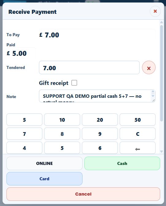 Compact demo Receive Payment screen after £5 cash has been recorded against a £12 sale, showing Paid £5, To Pay £7 and Tendered £7