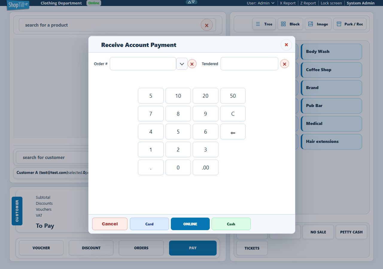 Desktop Receive Account Payment dialog with blank Order number and Tendered fields, invoice selector, clear controls and Cancel
