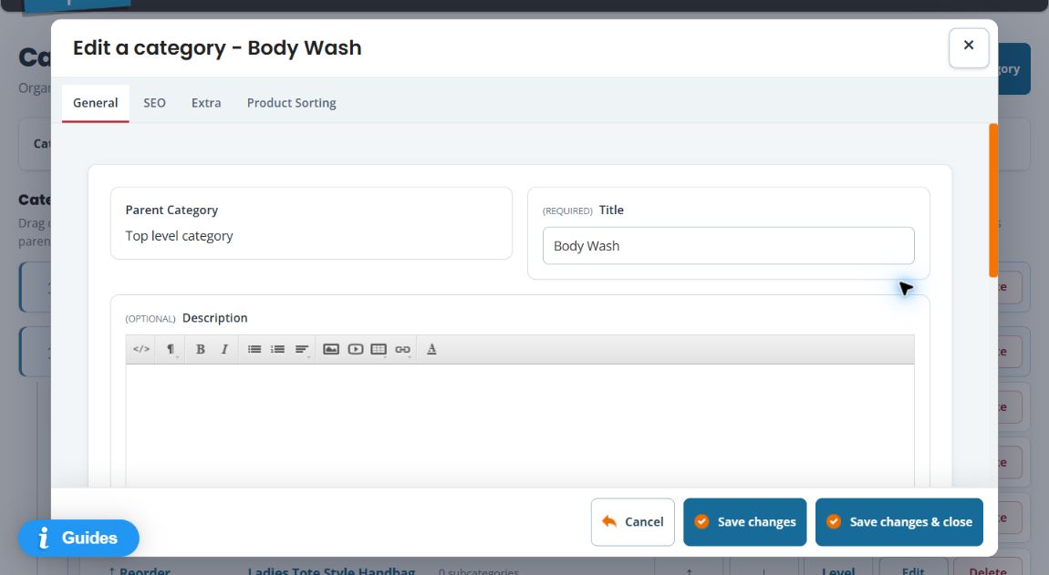 Category editor General tab with Parent Category, Title and Description fields