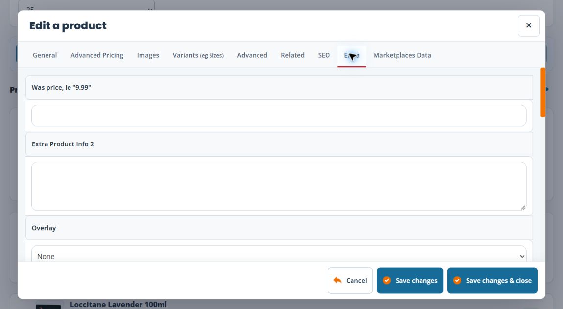 Product editor Extra tab showing example Was price, Extra Product Info 2 and Overlay fields