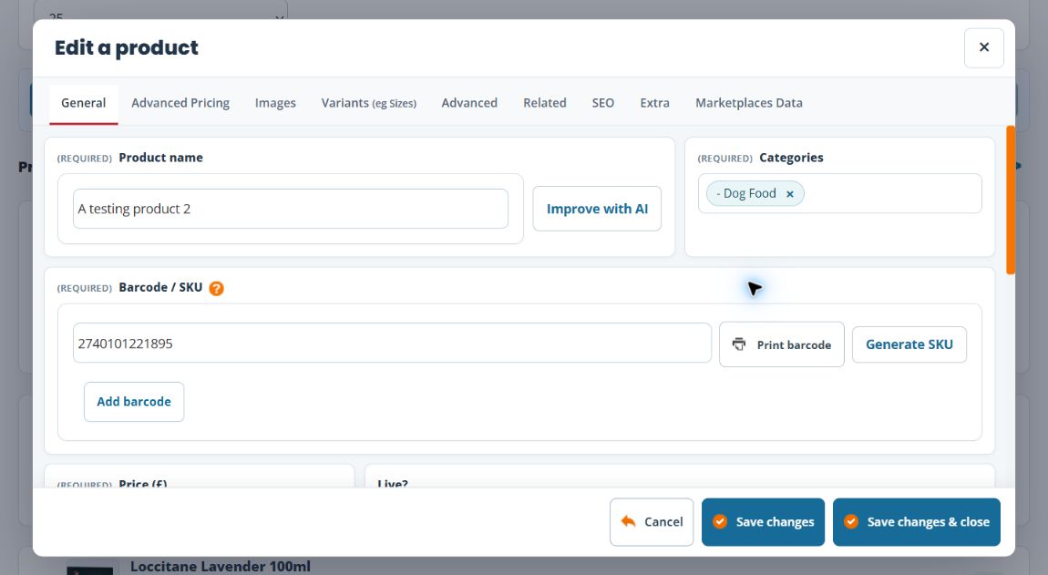 Product editor General tab showing name, category and Barcode / SKU controls
