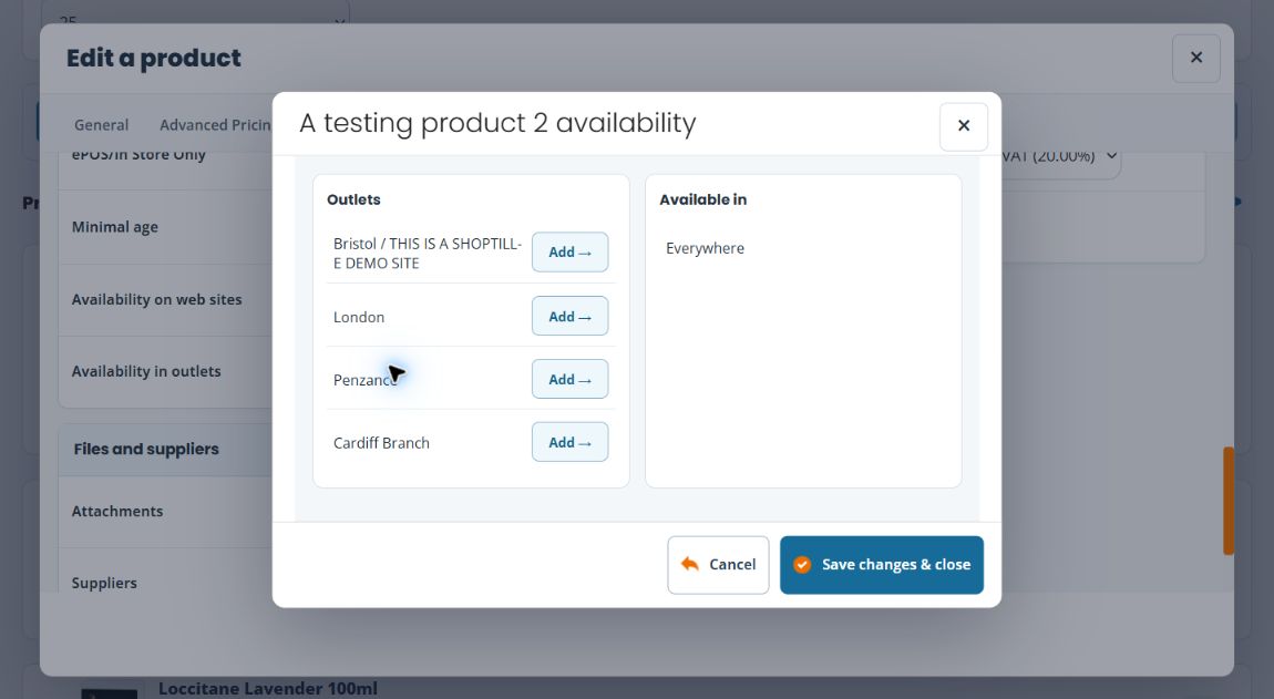 Product outlet availability dialog showing named demonstration outlets, Add controls and an Available in column