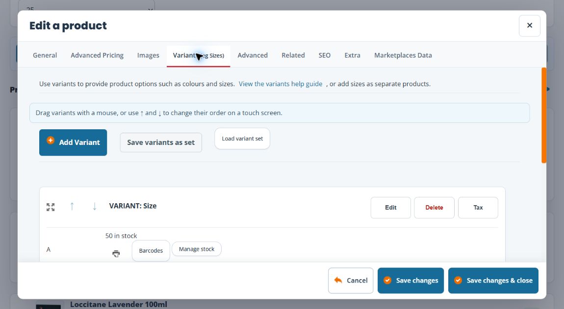 Variants tab showing the Add Variant control, reusable set controls and an existing Size group