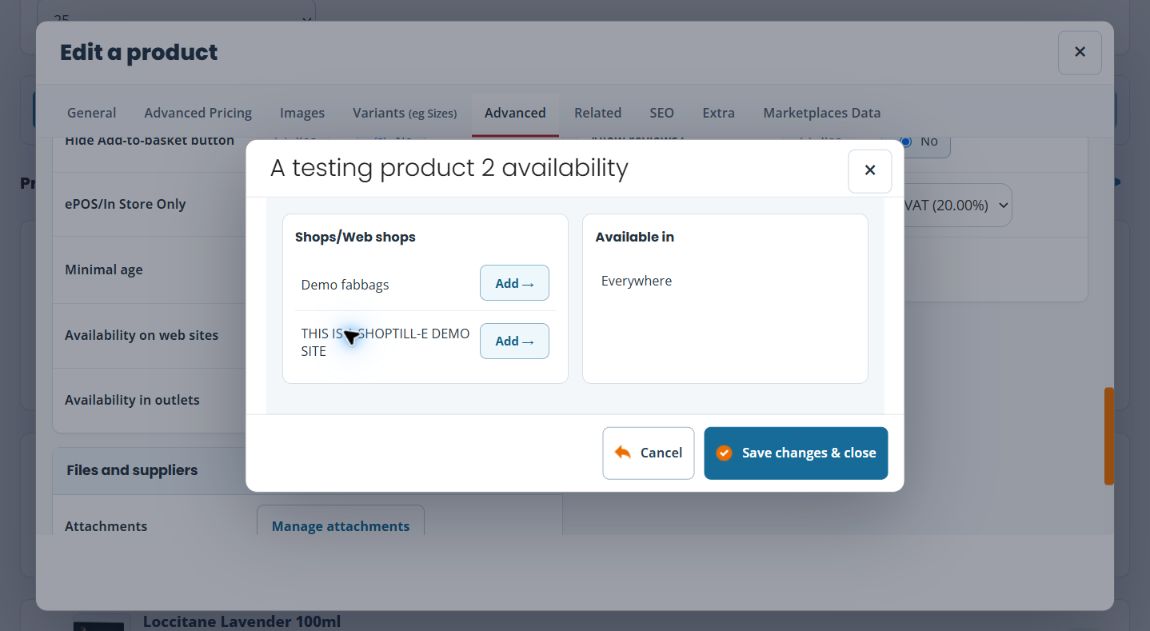 Product website availability dialog with Shops/Web shops on the left, Add controls and Available in showing Everywhere on the right