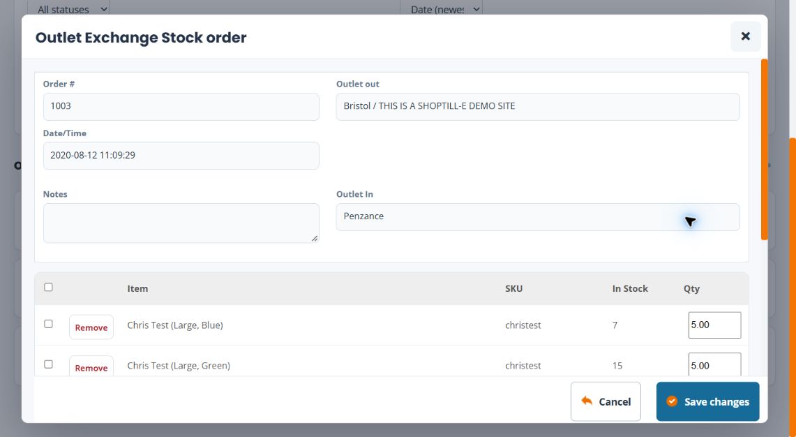 Outlet Exchange Stock order editor showing the order reference, source and destination outlets, notes, item rows and quantities