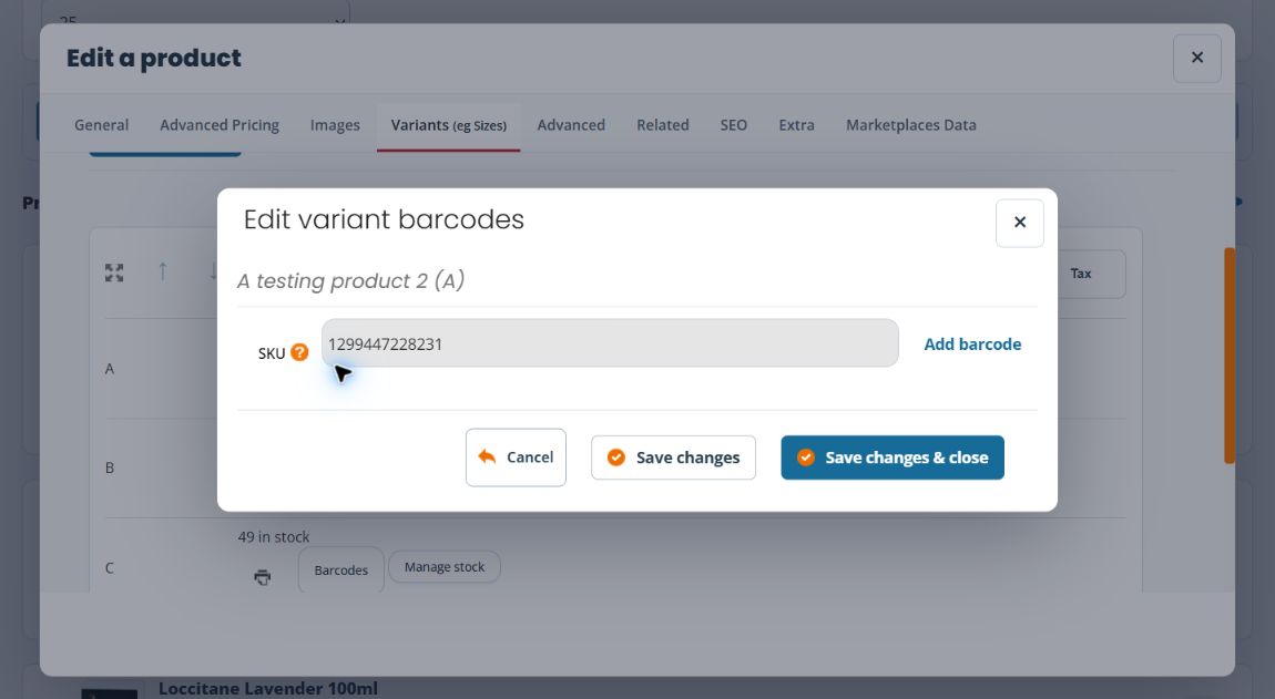 Edit variant barcodes dialog showing the selected product option, its SKU, Add barcode and separate save controls