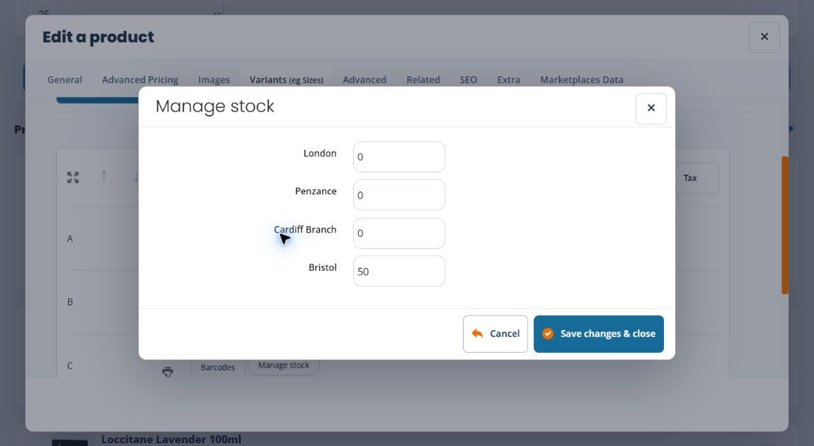 Manage stock dialog within a product variant editor, showing separate quantities for London, Penzance, Cardiff Branch and Bristol