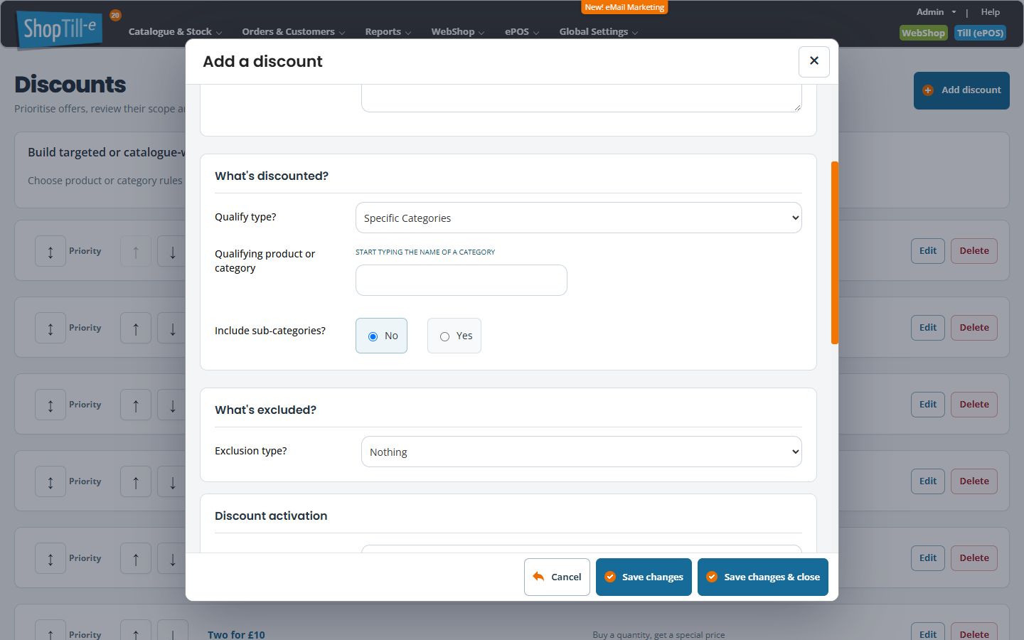 Quantity discount form showing Specific Categories qualification and Include sub-categories setting